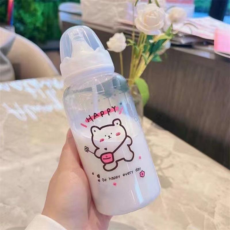 400Ml Kawaii Plastic Strawberry Bear Glass Water Bottle For Kids Adult Milk Juice Straw Cup Frosted Leakproof Drinking Bottles