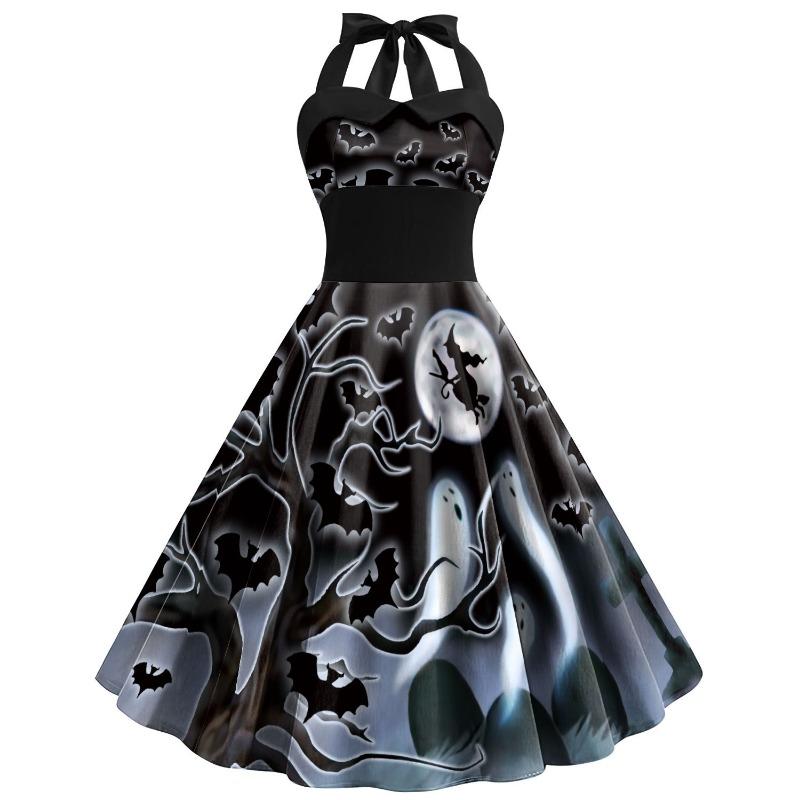 Summer New Halloween Dress Skull Cobweb Printing Costume Women's Strap High Waist Dress Children