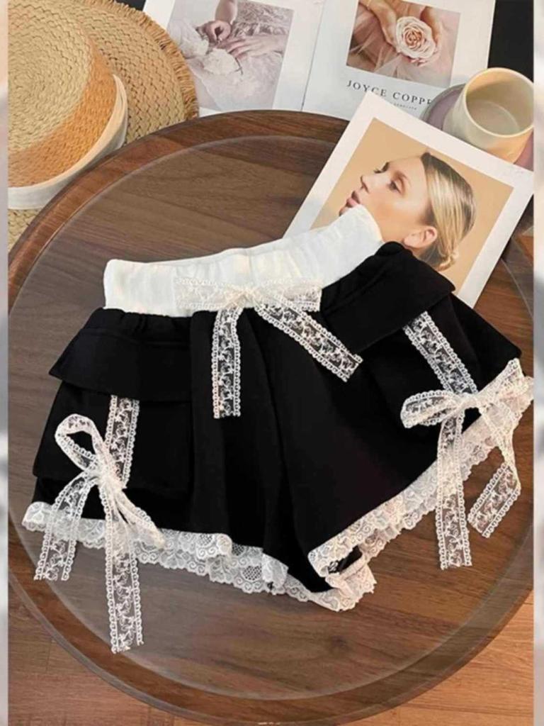 Plus Size Women's Wide-Leg Summer Shorts with Lace Trim & Bow Knot Design