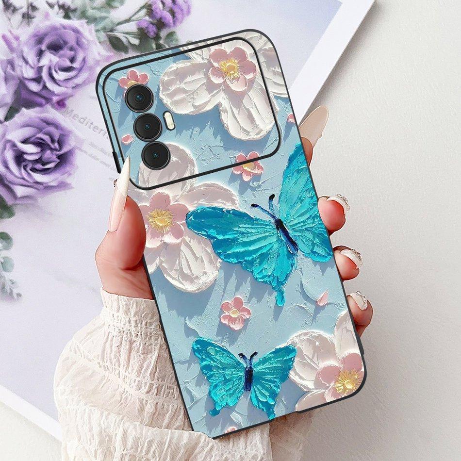 For Tecno Spark 8 Pro 8T 8P Elegant Floral Cat Phone Case For Tecno Spark8 8T 8P 8Pro Black Silicone Soft TPU Cases Bumpers