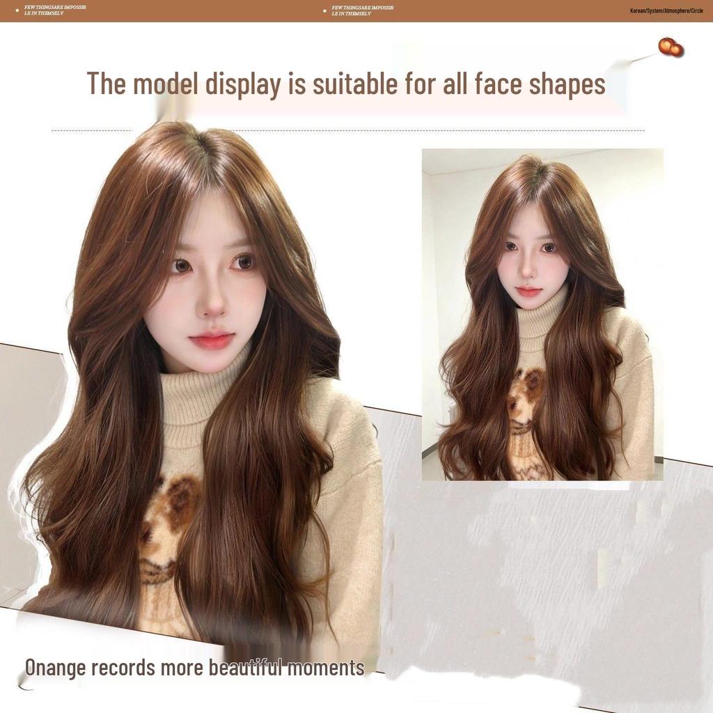 Amber Light Brown Long Curly Wig with Middle Part and Bangs