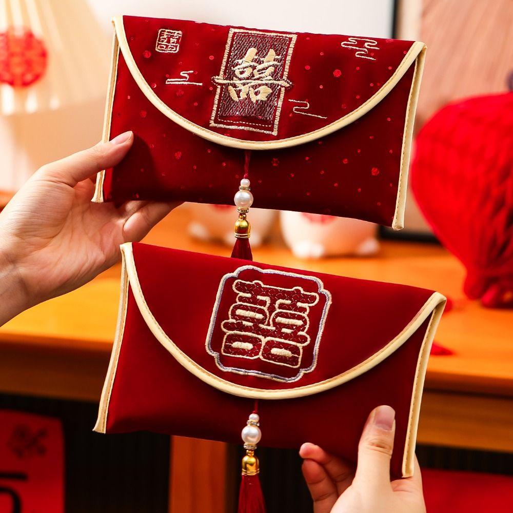 Chinese Style Wedding Red Envelope Tassel Embroidery Pattern Wedding Changing Fee Bag Hongbao Traditional Money Red Pocket Party