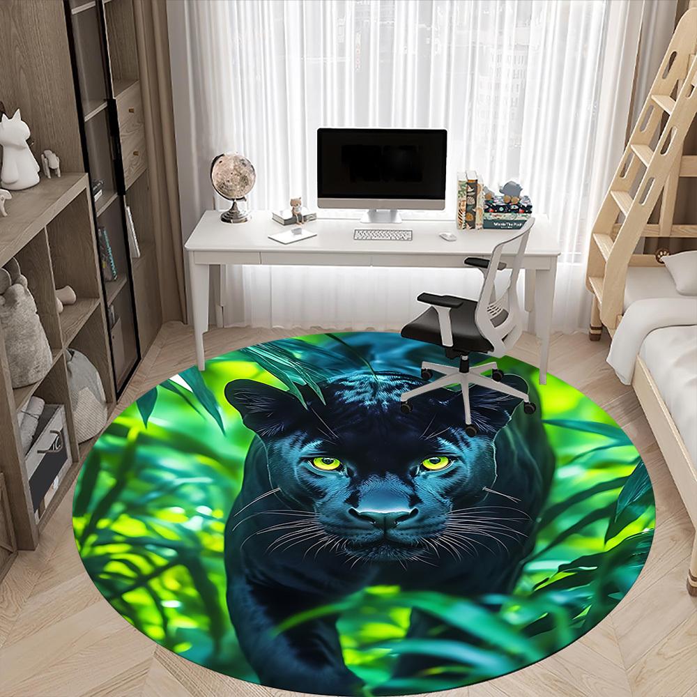 1pc Panther, Jungle Print Chair Carpet for Office, Round Non-Slip Durable Large Size Office Carpet, Suitable for Office, Beautiful Decoration