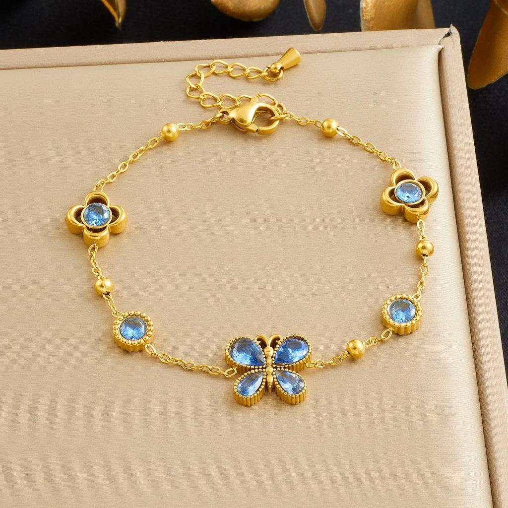 Niche Luxury Sweet Floral Butterfly Diamond Charm Gold-Plated Bracelet