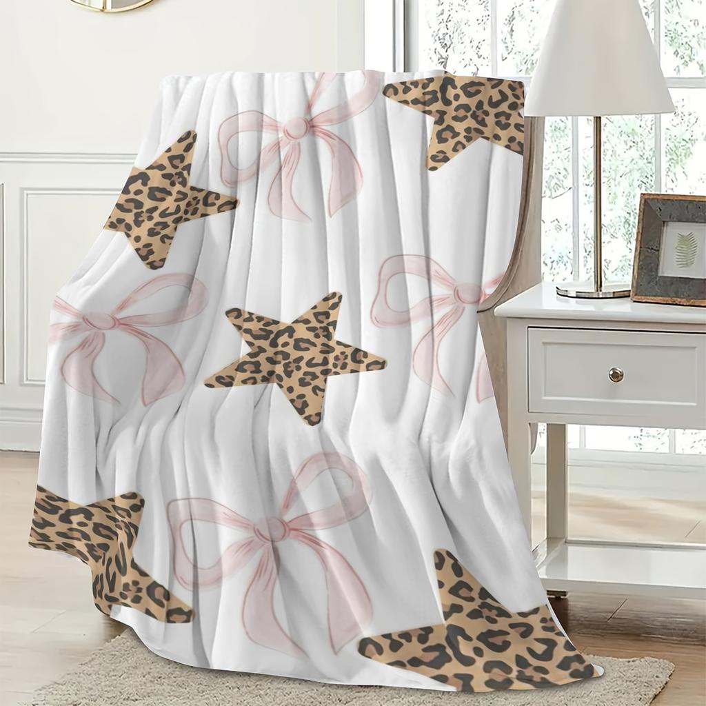 Leopard Print Star Flannel Blanket - Bed, Sofa, Office, Travel, Gift, Decor, Chair, Cozy and Warm, Christmas