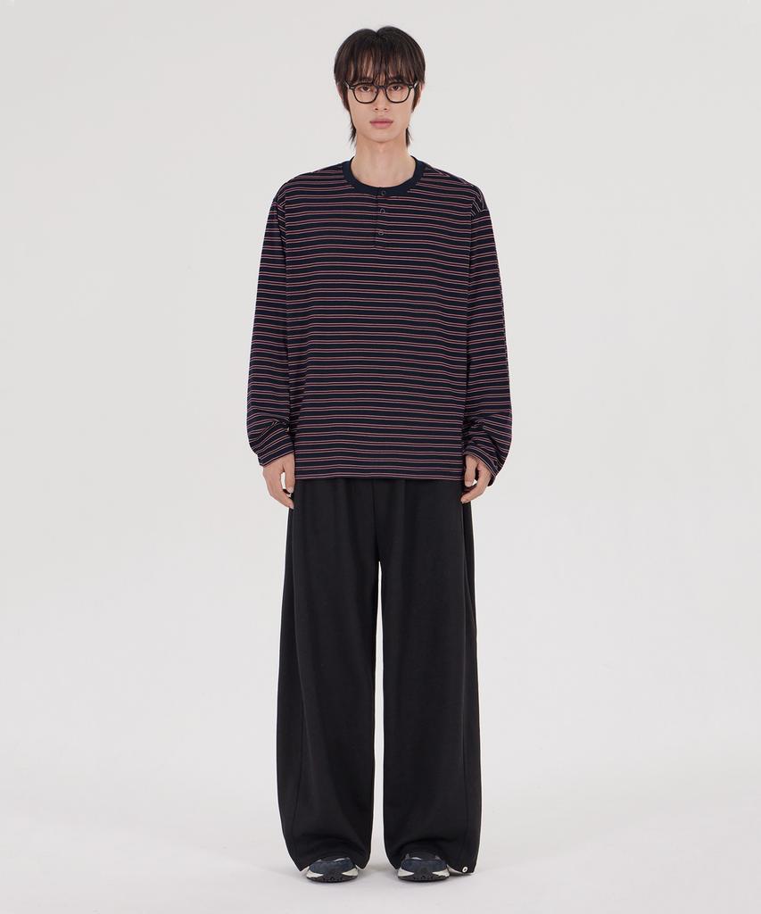GLW [Unisex] Striped Henley Neck Long Sleeve Tee Wine