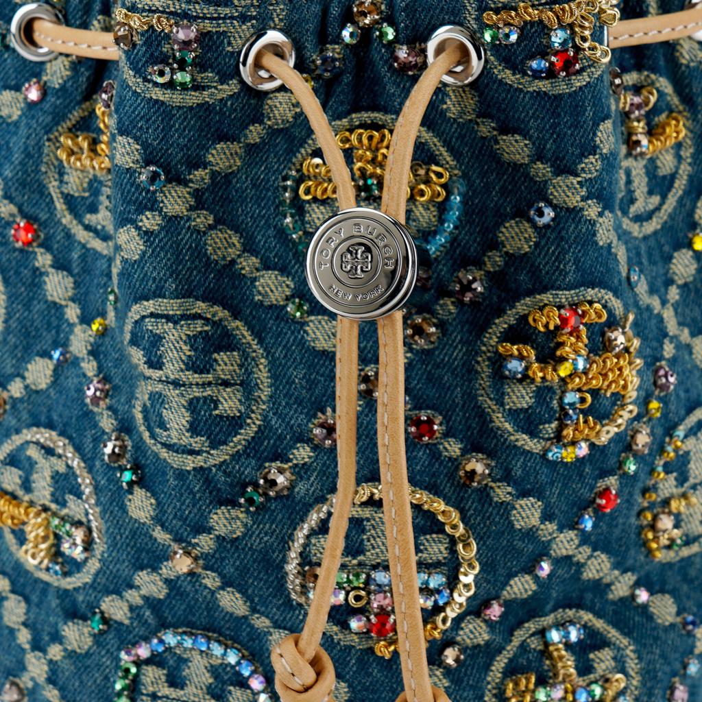 Tory Burch T Monogram Denim Jacquard Beaded Detail Sequin Bucket Bag Fabric Shoulder Tote Mini Women Bags Blue 174266-1025