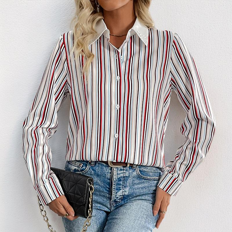 New Casual Commuter Basic Lapel Color Striped Shirt for Women