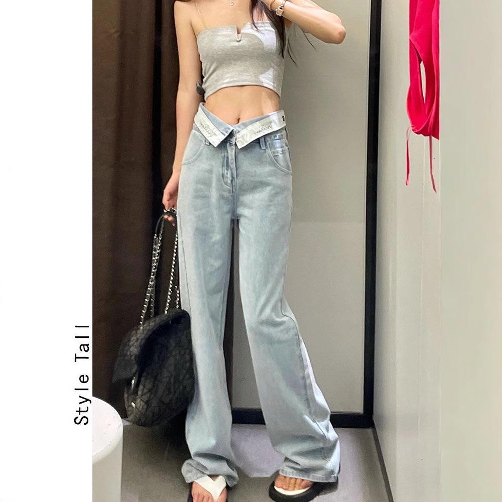 

Korean Style High-Waist Wide-Leg Jeans for Women: Light Color, Rolled-Up Waist, Straight, Floor-Length, Trendy 2025 Design Extra Small