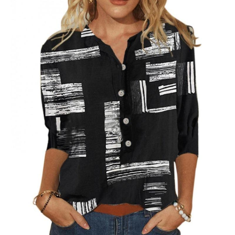 Button V-neck 3D Printed Top Fashionable Casual Long Sleeved Women's T-shirts