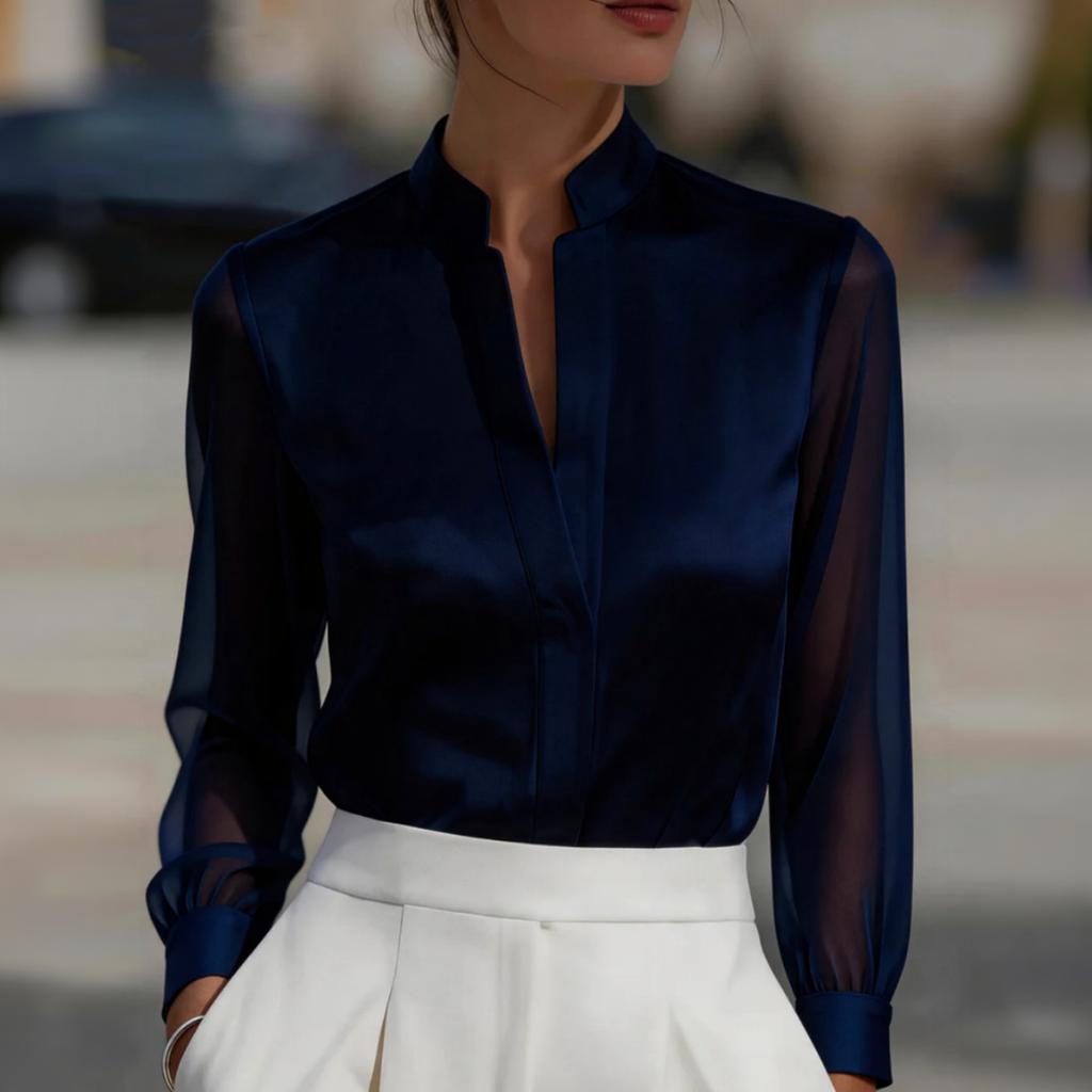 Damen-Farbsatinbluse mit Mesh-Einsatz und Stehkragen für Arbeit und Freizeit