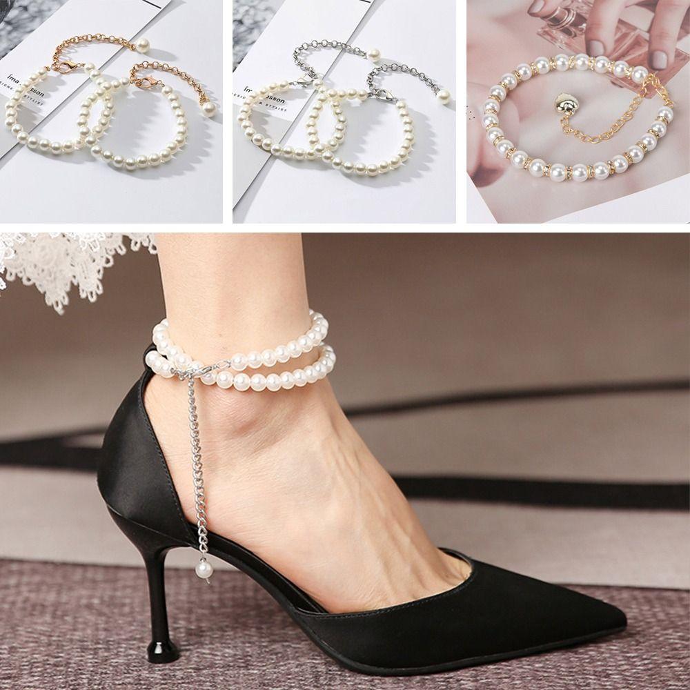 1Pair Women Shoelaces For High Heels Pearl Heels Band Shoe Belt Ankle Holding Loose Anti-skid Bundle Tie