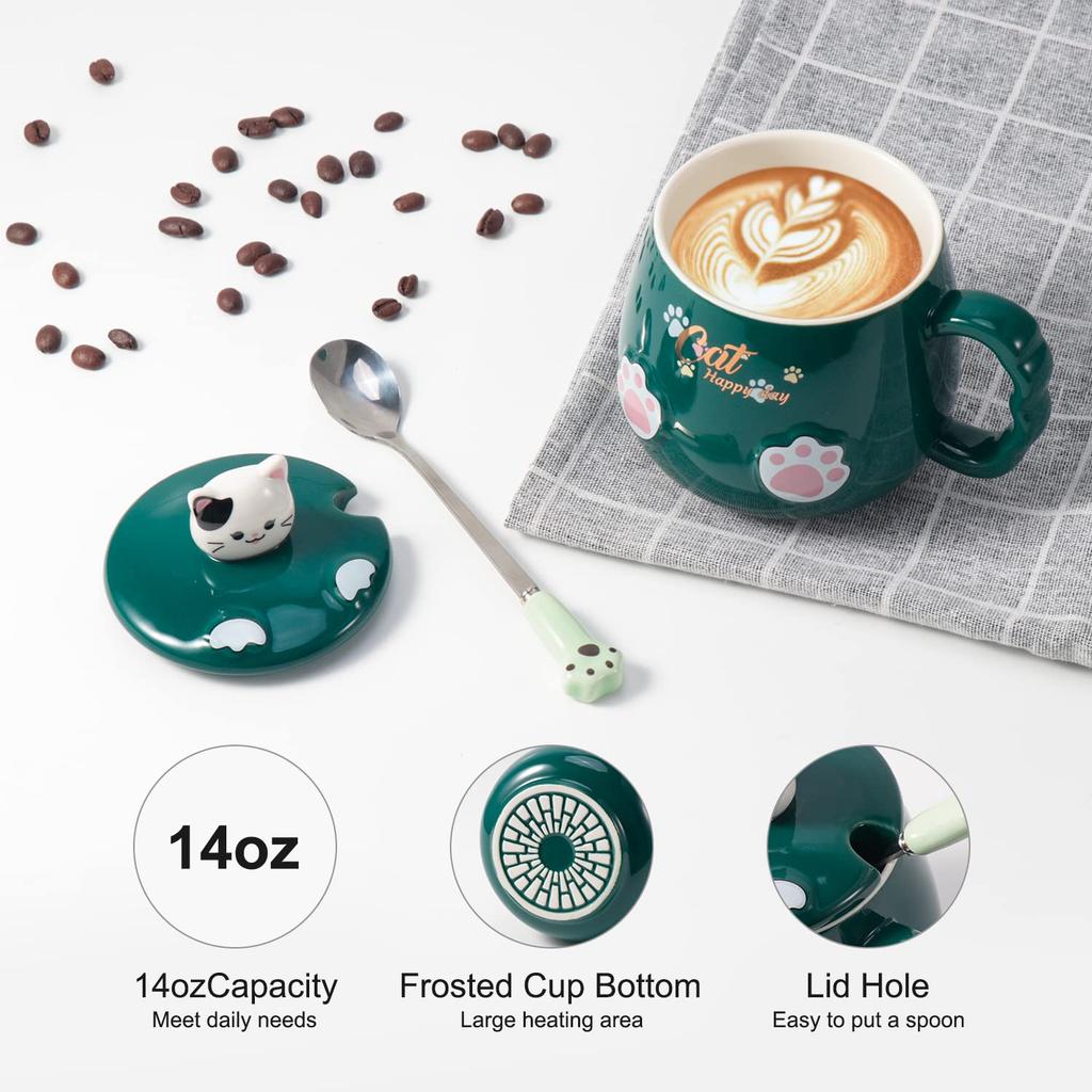 Ceramic Cat Mug with Lid and Coffee Cute Cat Birthday Gift Spoon, Cup/Mug, (White) (Green)
