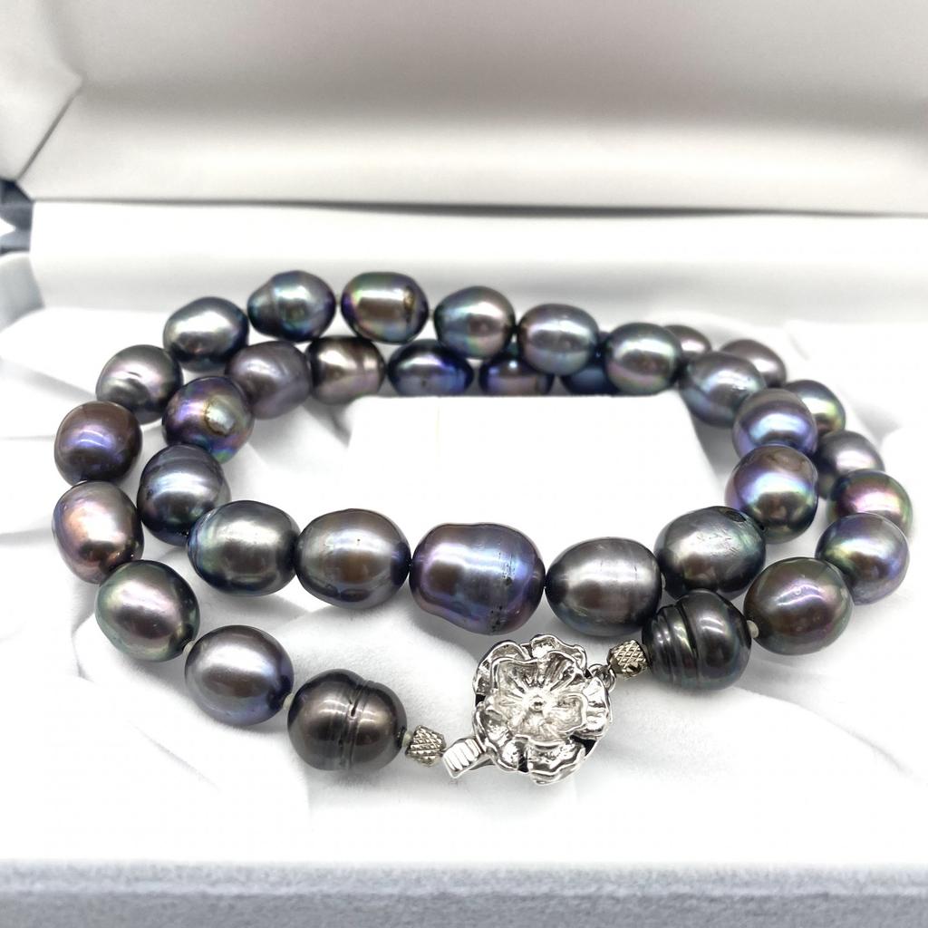 High-Quality Black Necklace Baroque Pearl Natural Jewelry Semi-Round Peacock Luster Approx 47cm 10.0mm–12.5mm 65.4g Silver Clasps