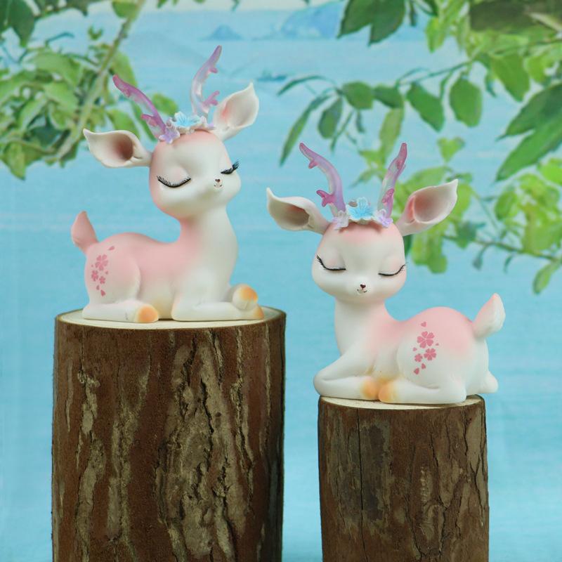 Cartoon Deer Figurine with Flower Charm Cute Little Deer Desktop Decoration Car Center Console Ornament Collectible Animal Toy