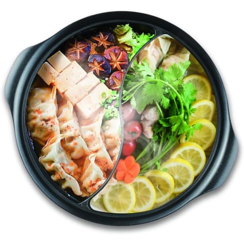 Tabletop pot, approximately 28cm, divider pot, serves 3-5 people, double-handled, dual-serving pot, gas and induction compatible, lightweight with gla