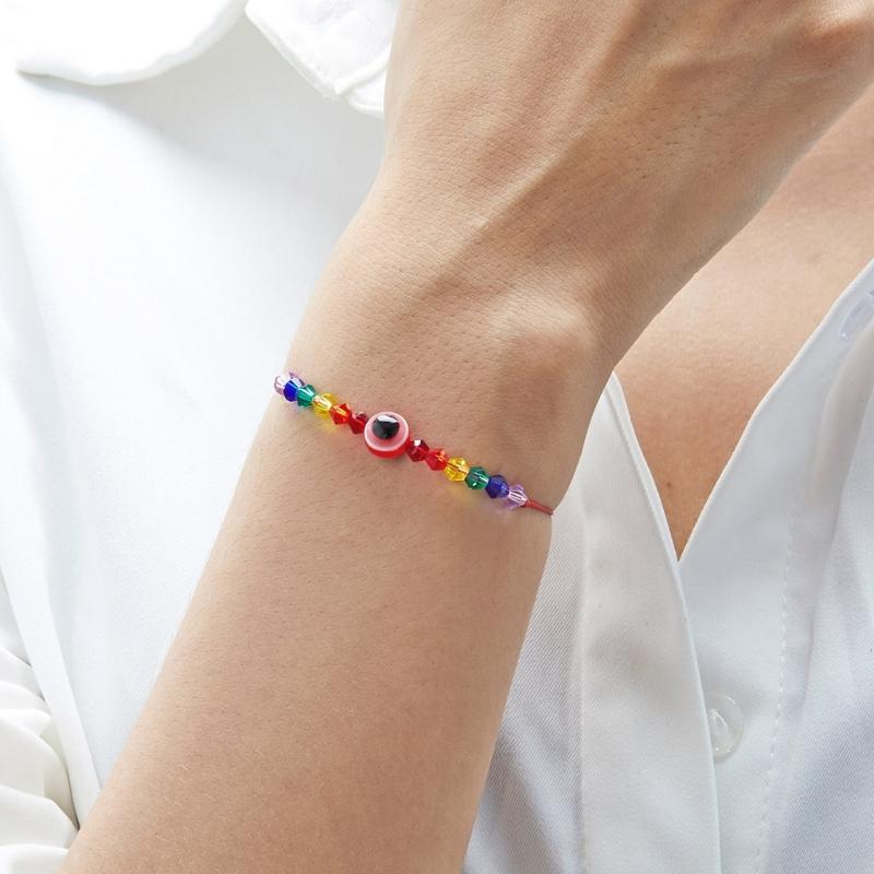 Handcrafted Rainbow Bead Bracelets Adjustable Size Knotted Rope Evil Eye Hanadchain Rainbow Bead Bracelets Women Girl