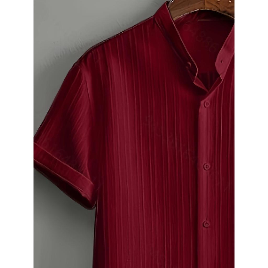 Men's Button Textured Casual Striped Short Sleeved Shirt and Elastic Straight Leg Pants Set, 2-piece Set