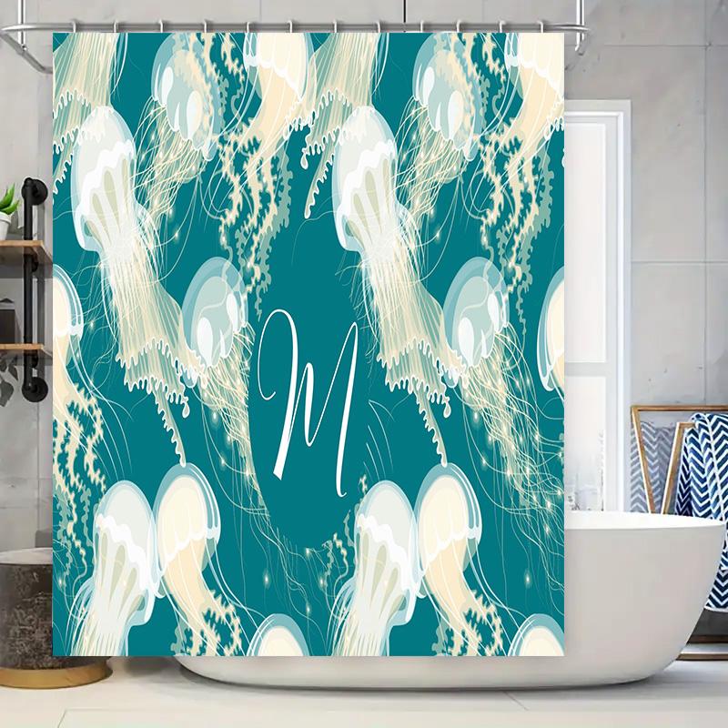 

Stylish Jellyfish Printed Shower Curtain For Bathroom Decor Blue And White Abstract Design With Monogram M W60H190(CM)-1 Pcs