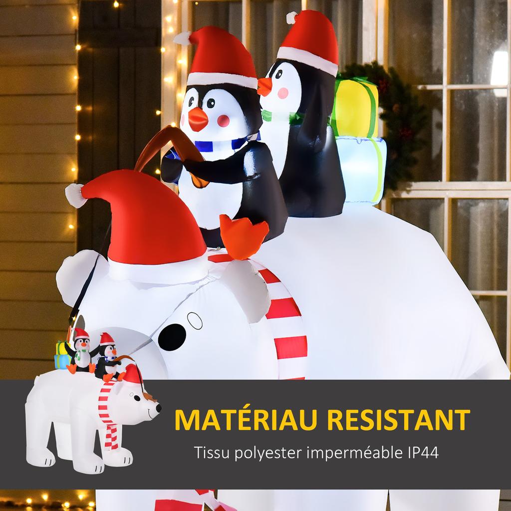 Inflatable Christmas Polar Bear with LED Lights, 206cm Waterproof Inflatable Christmas Decoration with 2 Penguins