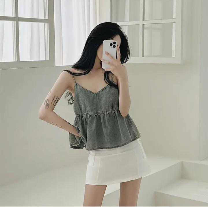 Korean Chic 2026 Spring/Summer V-neck Denim Camisole for Women One Size светло-синий