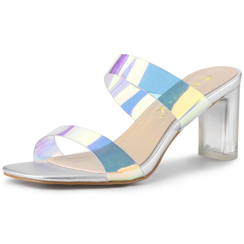 Allegra K Women's Mule Sandals, Slides, Clear, Colorful, Chunky Heel, Silver, Size 25.0cm