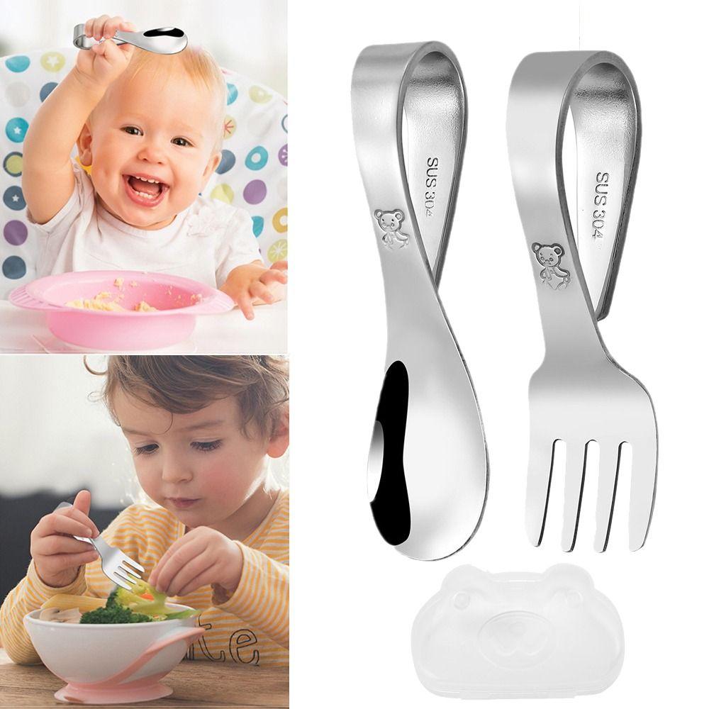Zakřivená rukojeť Roztomilá tréninková lžíce vidlička Nerezová ocel Dětský příborový set Salát
