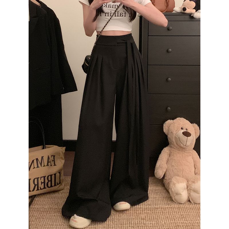 Kumikumi Stylish Blue High Waist with Straps Casual Pants Women Fall Easiest for Match Loose Drooping Wide-Leg Pants Pants