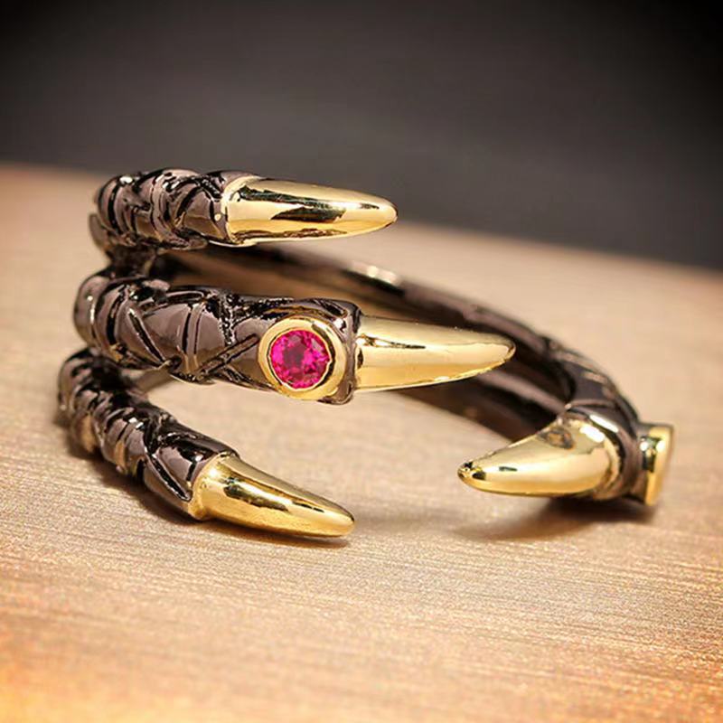 Vintage Metal Dragon Claw Ring for Men Personality Punk Two Tone Inlaid Pink Zircon Demon Ring Party Jewelry