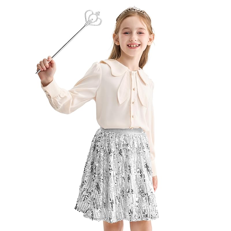 [Rolanko] sequins skirt kids girl dance skirt With inner pants everyday wear dance recital halloween cosplay disguise Christmas present silver 150