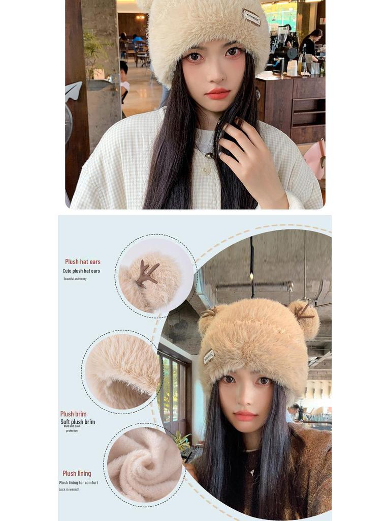 Căciulă de pluș cu coarne de cerb coreeană pentru femei - Ediție de Crăciun, Tricot gros și călduros pentru toamnă/iarnă, Stil dulce japonez