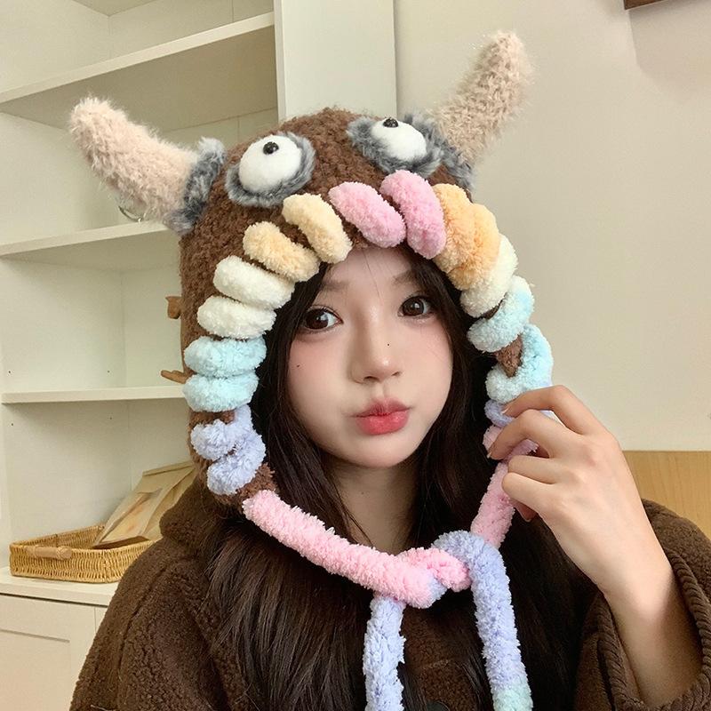 New Trendy Y2K Dopamine Knitted Hats Women Funny Monster Furry Hats Winter Beanie Cap Outdoor Warm Ear Protection Bomber Hats
