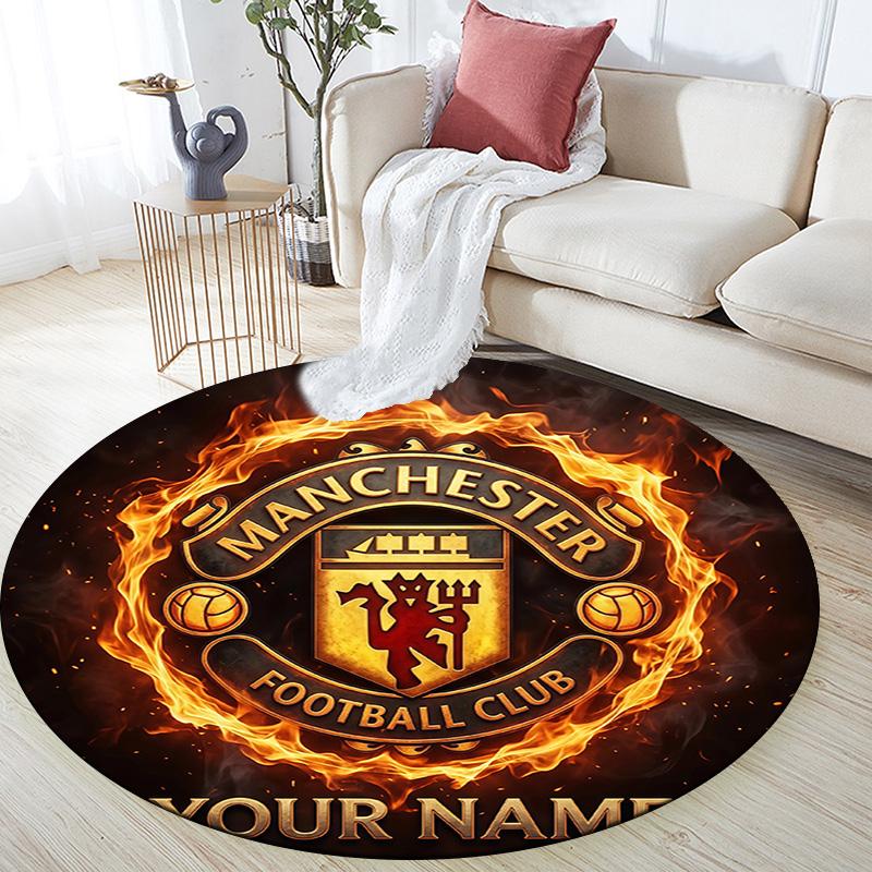 Custom Name Manchester United Round Area Rug,Carpet Rug for Living Room Bedroom Sofa Playroom Decor,Non-slip Floor Mat