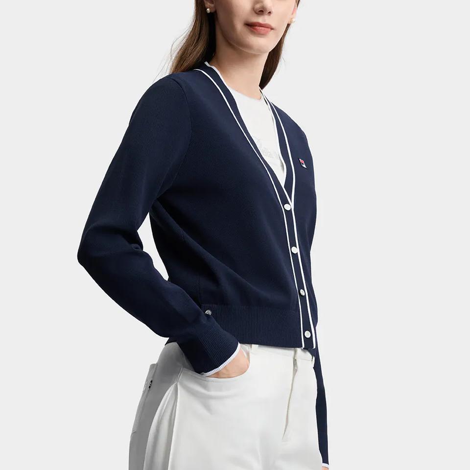 Fila Heritage Fashion Classic Elegant Retro Casual Versatile Comfortable Knitted Cardigan Women Outerwear Cigarette-Blue F11W628404FDB