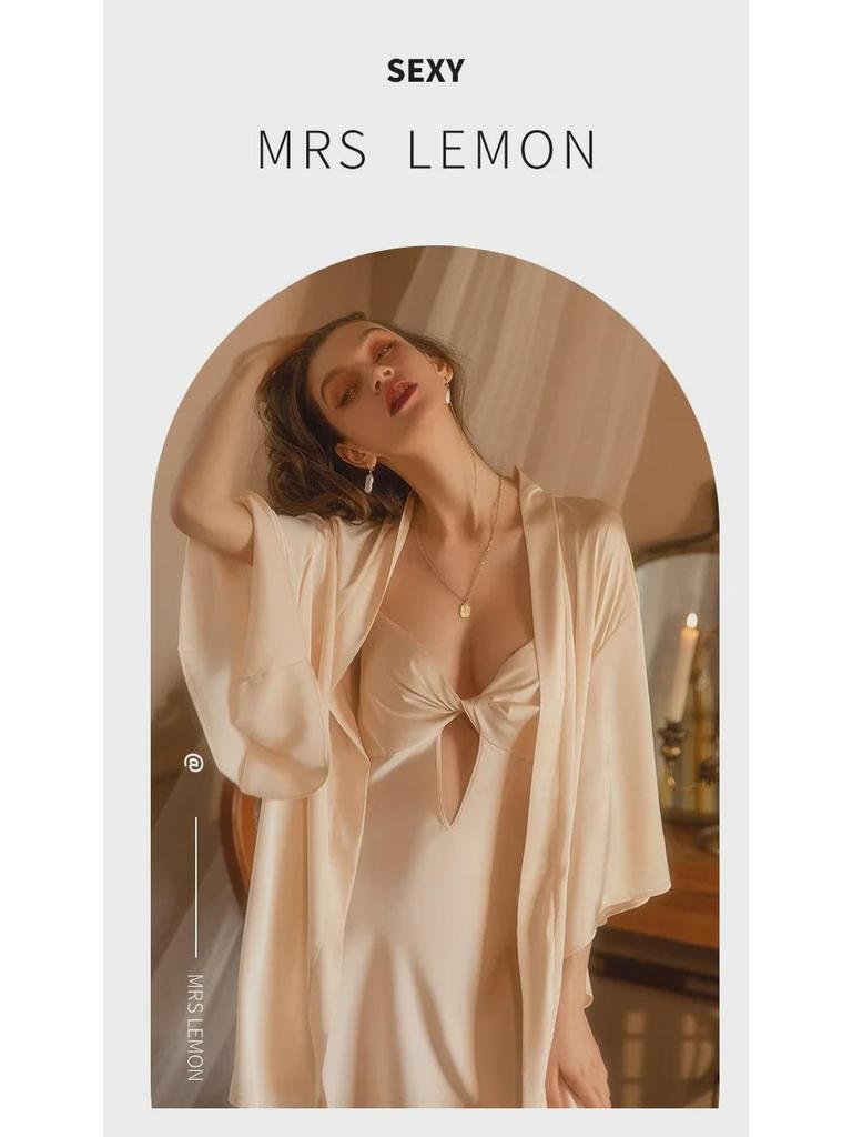 Sexy Ice Ribbon Nightdress & Chest Pad Pajama Set