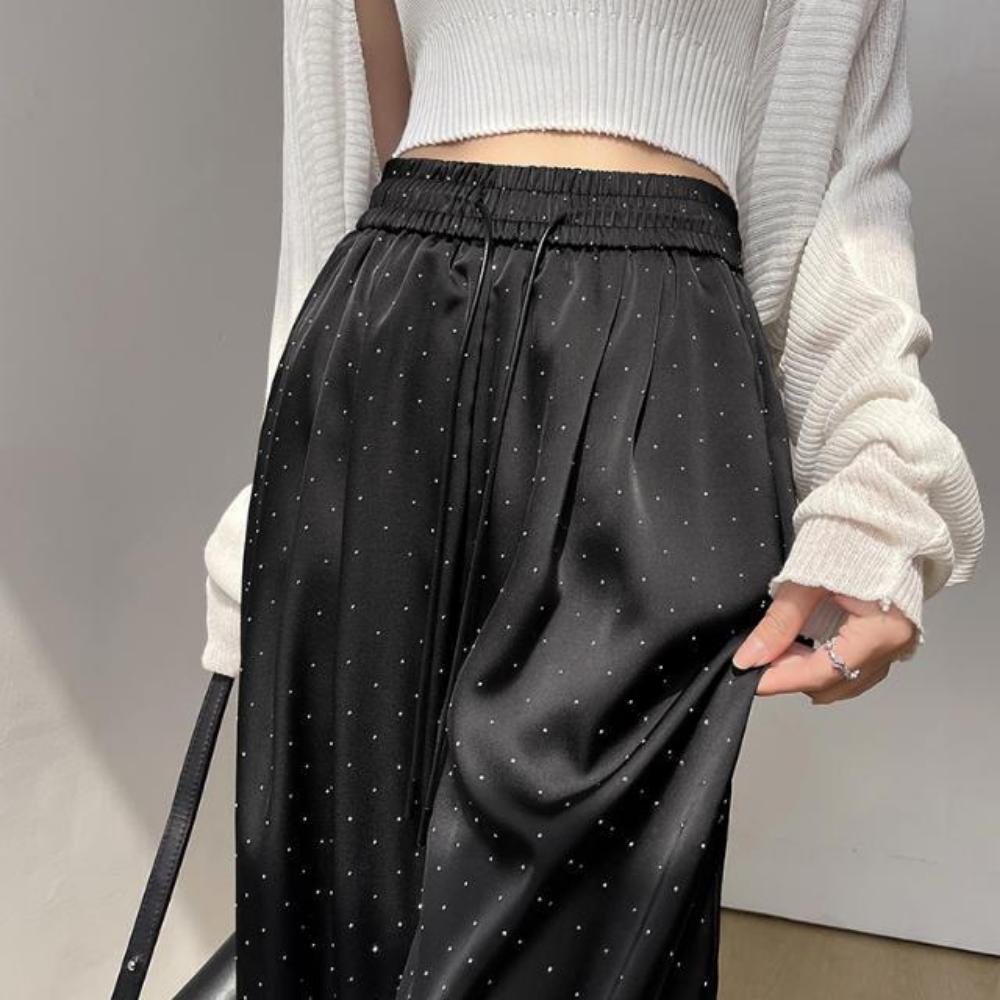 

Брюки палаццо из ацетата с принтом «Гипсофила Горячий бриллиант» для женщин, летние, с высокой посадкой, из атласа, эластичные, драпированные, повседневные, свободные, длиной в пол S чёрный