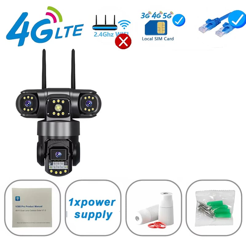 12MP Drievoudige Schermen IP66 Buiten HD Nachtzicht Ai Menselijke Detectie WiFi Bewakingscamera V380 Pro 4G SIM-kaart IP Beveiligingscamera