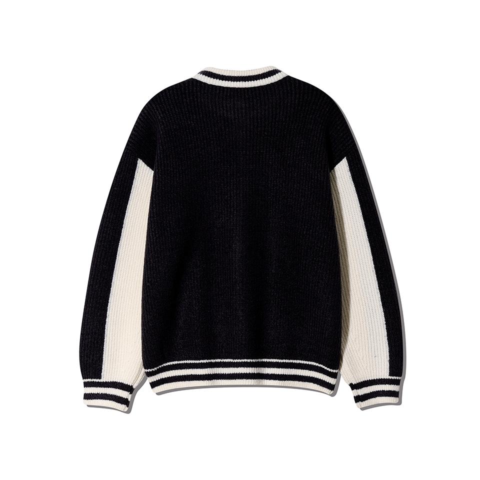 NODU Varsity Color Block Two-Way Round Zip-Up Knit Jacket [Black]