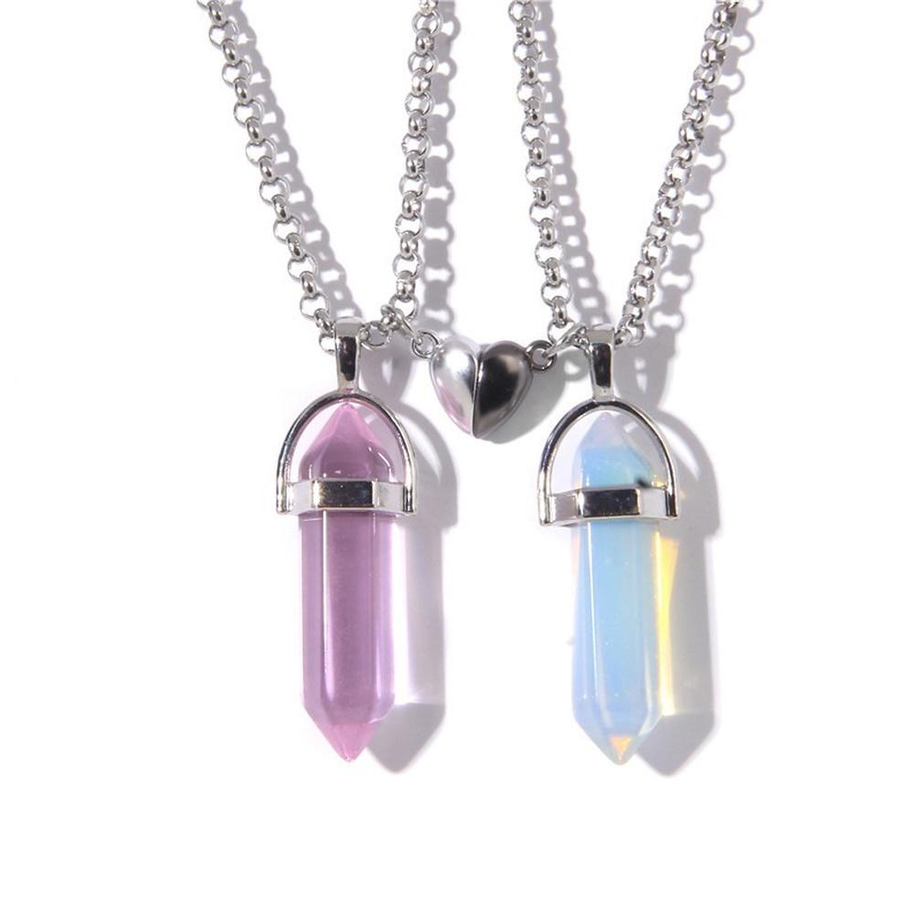 2 Stück/Set Leuchtende Sechseckige Säule Herz Anhänger Partner Magnetische Halskette Naturstein Geometrischer Anhänger Halskette Schmuck Geschenke