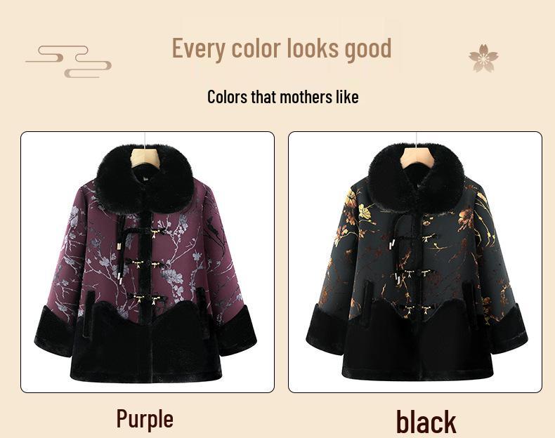 Warm Winter Fleece Coat for Elderly Women - Fur Collar, All-in-One Design