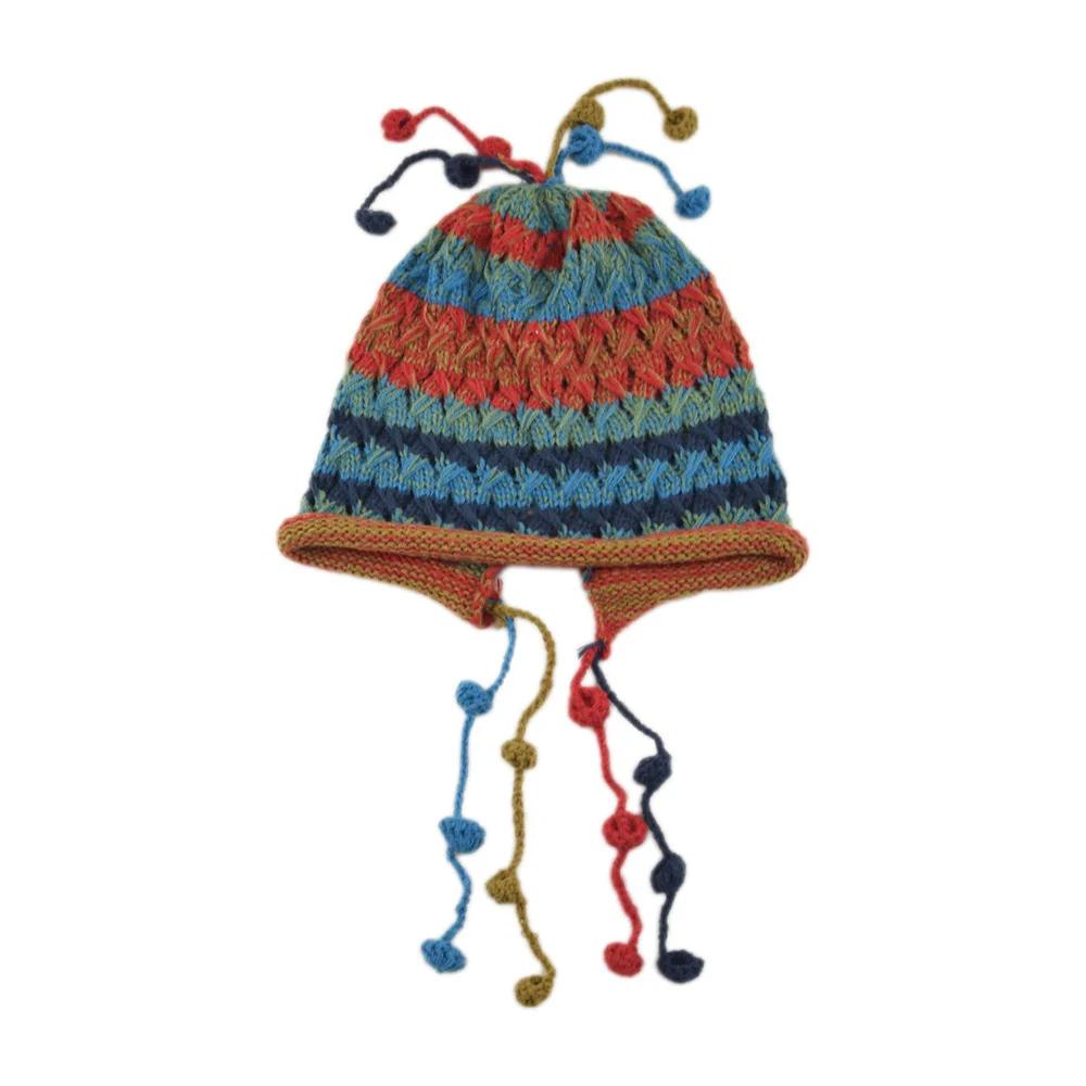 

Зимняя теплая шапка для женщин, шерстяной вязаный пуловер с подвесной веревкой и кисточкой, красочная шапка ручной работы, подарочные аксессуары для головных уборов