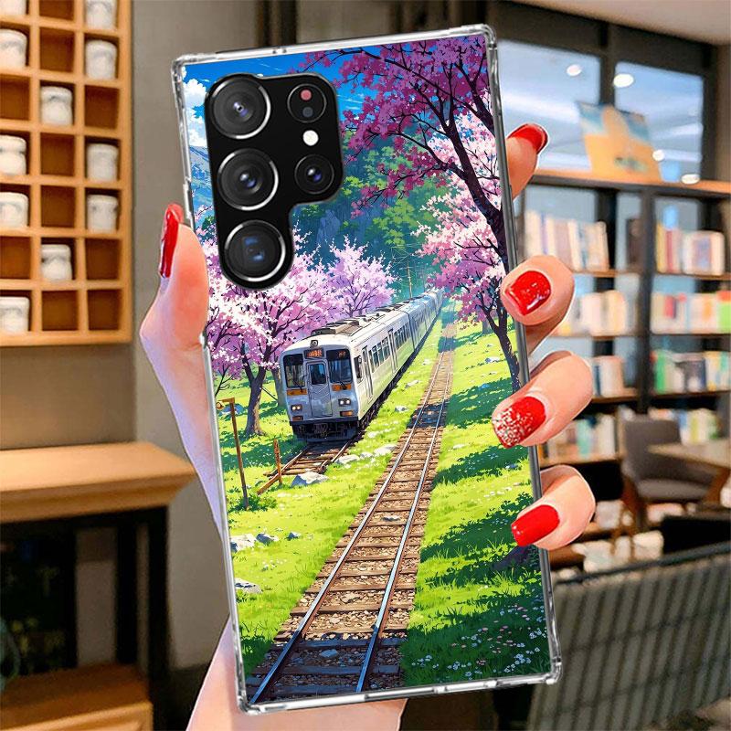 Retro Japanese Sakura Train Phone Case For Samsung Galaxy S26 S25 Edge S24 Ultra S23 S22 Plus S21 S20 FE Soft Fundas Shell Galax