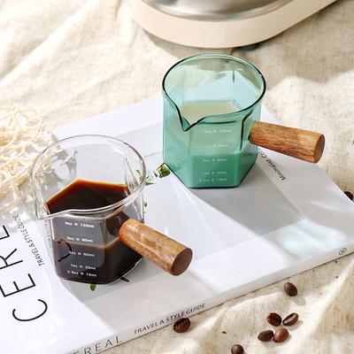 Messbecher aus Glas mit Holzgriff für Kaffee, Milch, Espresso, Küche, Backwerkzeuge, graduierte Skala, Heimbar, Geschenk