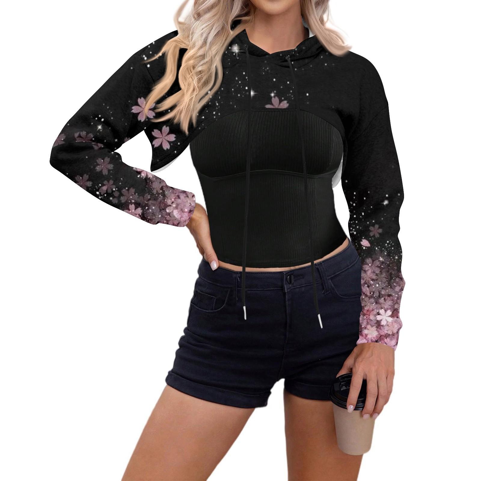 

Женский топ-пуловер, ультракороткая толстовка с принтом, длинный рукав, толстовка с капюшоном и завязками L чёрный