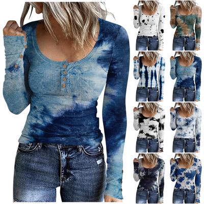 Damen T-Shirt Mode Lässig Bedruckt U Kragen Knopf Langarm Top