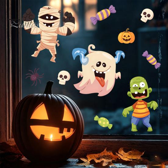 DIY Halloween Window Decorations Static Clings, Cartoon Ghost Pumpkin Witch Monsters Decals, Waterproof Festive Holiday Home Decor Removable