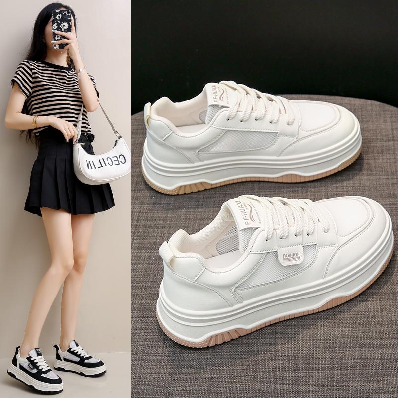 Fashion 2024 New Leather Women's Black  White Casual Woman Vulcanize Sneakers Breathable Sport Walking Running Platform Flats Shoes