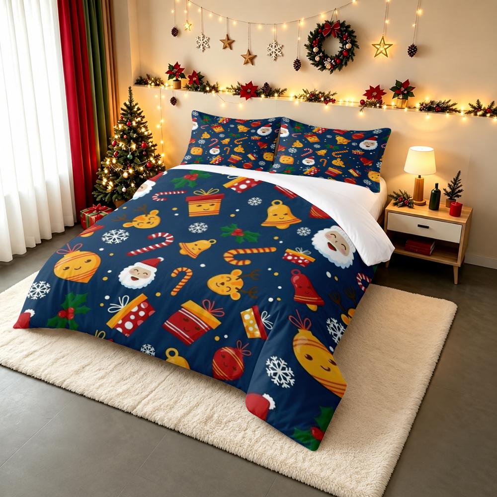 Cute Cartoon Santa Reindeer Christmas Bedding set (1 duvet cover, 2 pillowcases, duvet not included), Navy Blue Kawaii Art Print