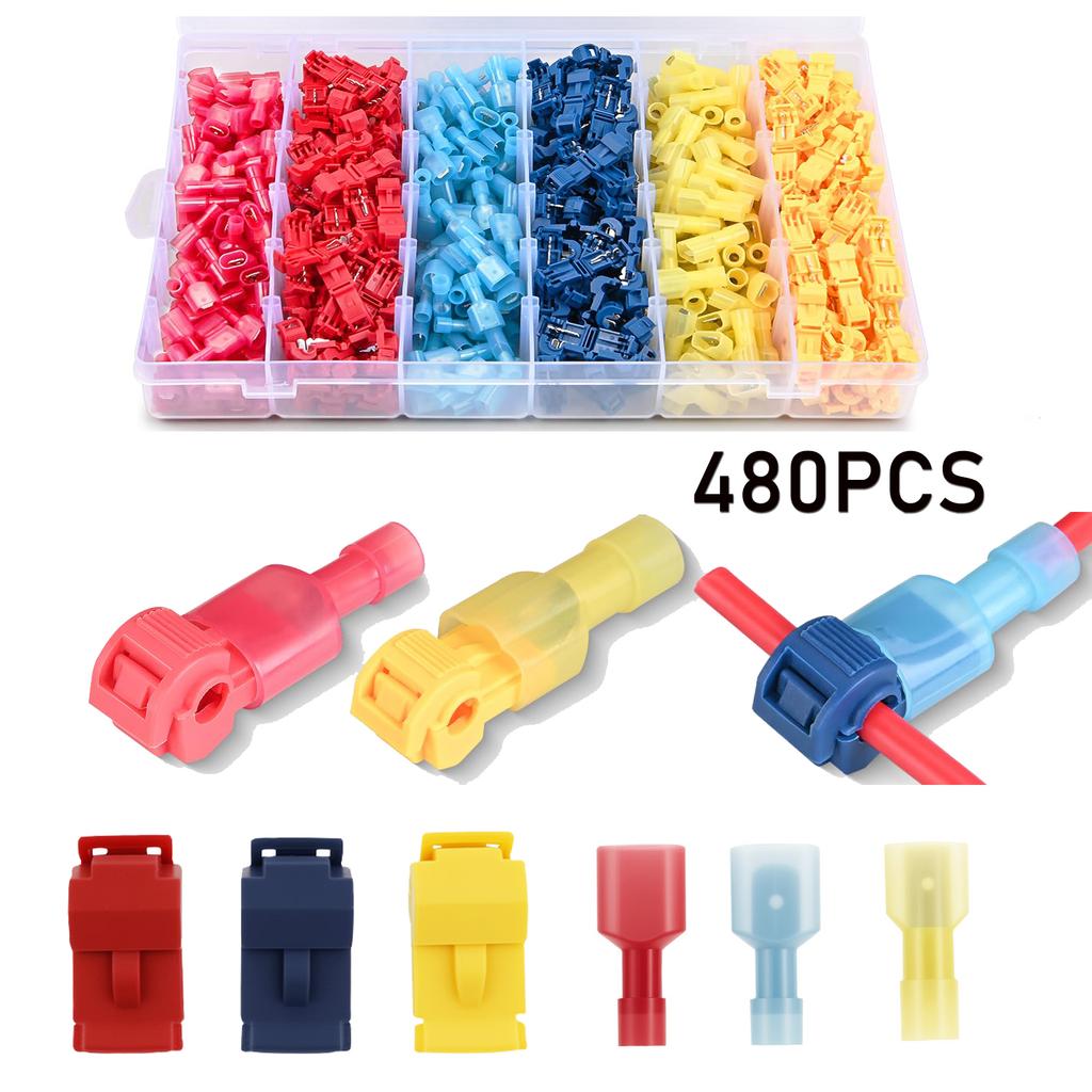 480PCS T-Tap Wire Connectors Self-Stripping Quick Splice Electrical Wire Terminals Insulated Male Quick Disconnect Spade Termina