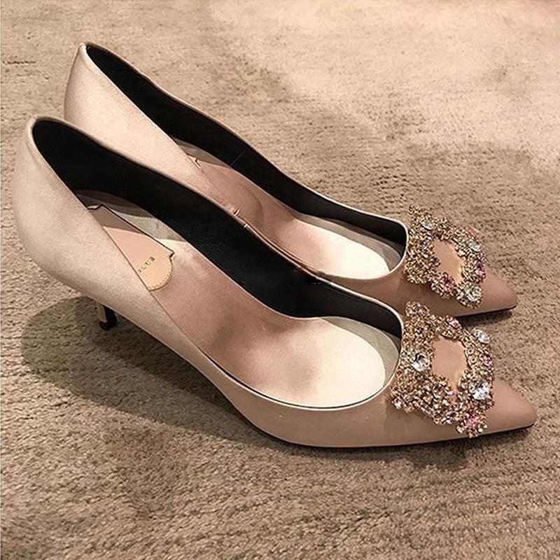 Rv Rhinestone Pointed Black High Heels 2025 New Satin Stiletto Wedding Shoes Show Wood Wedding Shoes Square Buckle Single Shoes